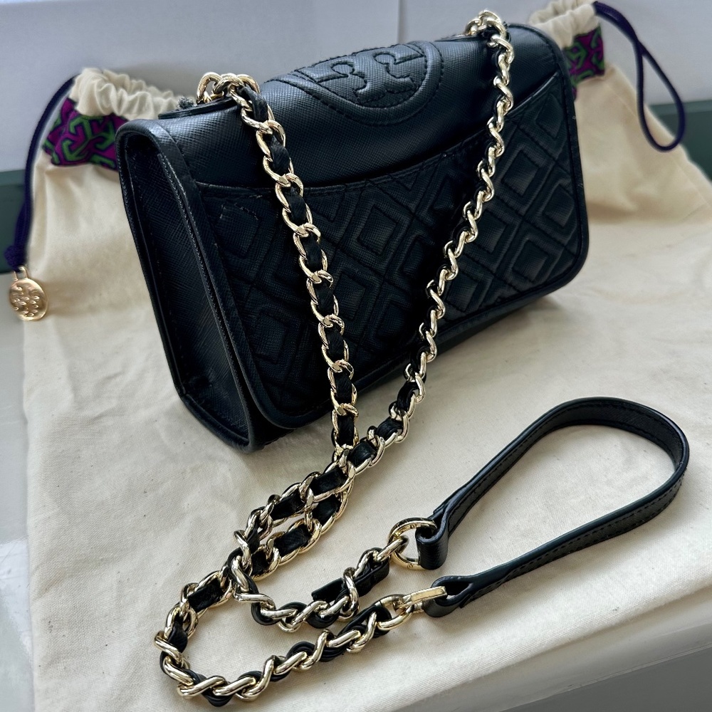 Tory Burch Fleming Shoulder or Crossbody Bag, Black Quilted Leather - Small